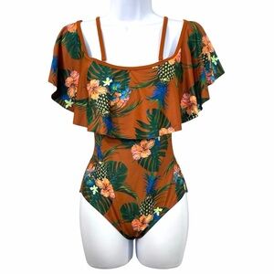 NWT Tropical Hawaiian Floral Off Shoulder One Piece Swimsuit